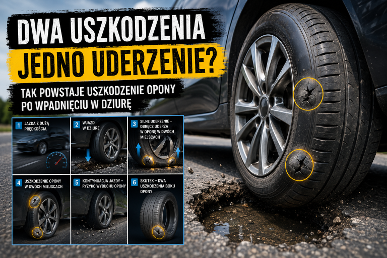 Dwa uszkodzenia opony po wpadnięciu w dziurę - jak powstają?